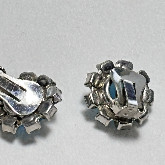 Vintage Blue Rhinestone Prong Set Clip On Earrings Silver-tone - Picture 15 of 15